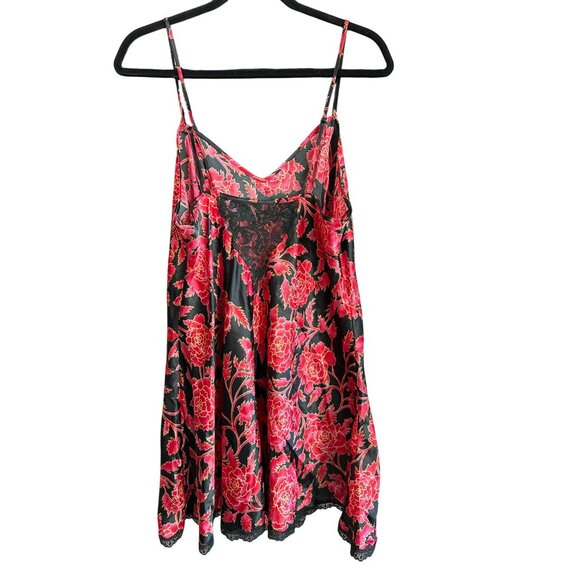 Vintage Victorias Secret 2-Piece Red Black Floral Satin Robe Chemise Large 80s - Picture 4 of 8